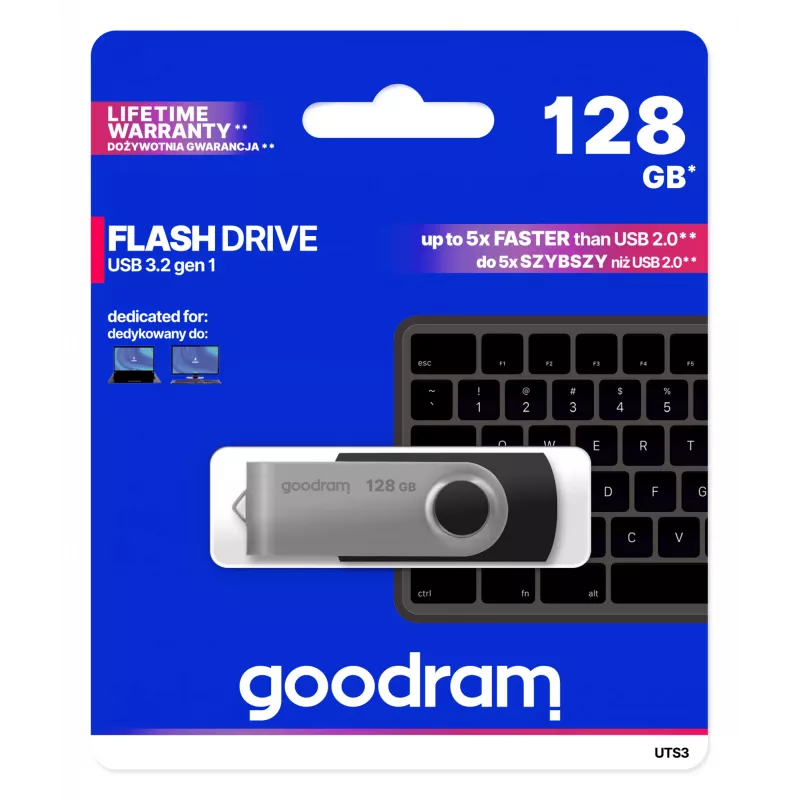 USB atmintukas GOODRAM UTS3 128 GB USB Type-A 3.2 Gen 1, juodas, 60 MB/s skaitymas, 20 MB/s rašymas