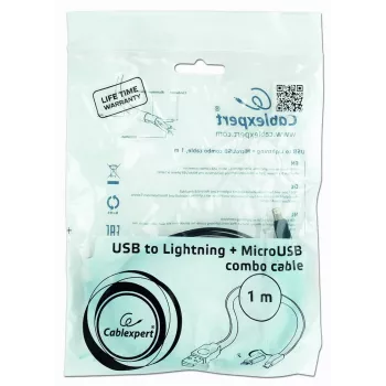 GEMBIRD USB – Apple Lightning ir Micro USB įkrovimo bei sinchronizavimo kabelis 1m – juodas