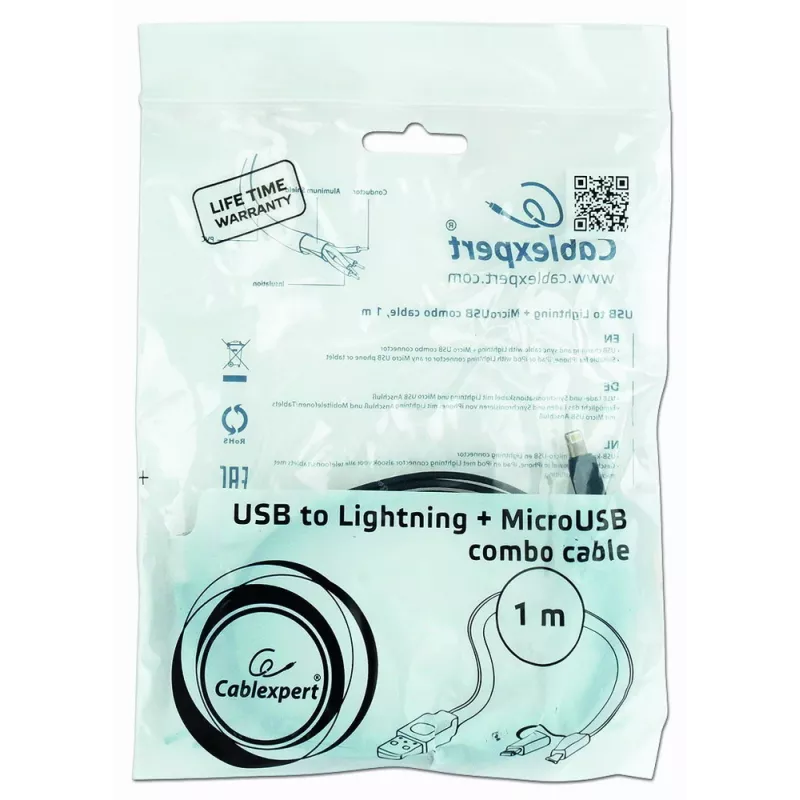 GEMBIRD USB – Apple Lightning ir Micro USB įkrovimo bei sinchronizavimo kabelis 1m – juodas
