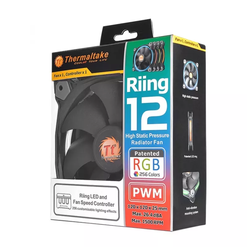 THERMALTAKE Riing 12 LED RGB 256 spalvų didelio statinio slėgio LED radiatoriaus ventiliatorius (3 ventiliatorių rinkinys)