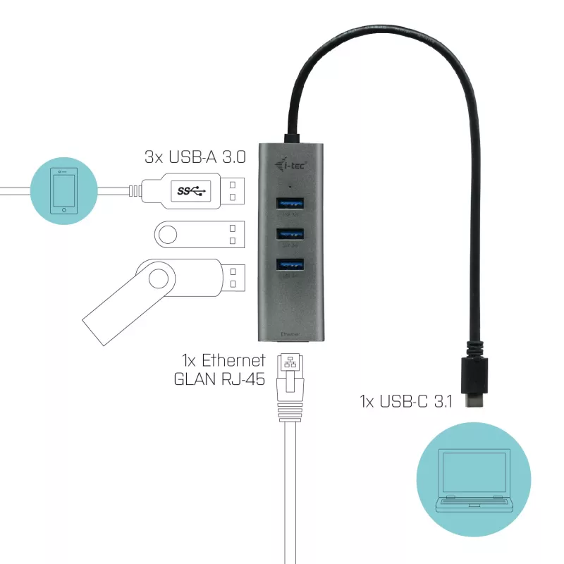 i-tec Metal USB-C HUB 3 prievadai + Gigabit Ethernet adapteris