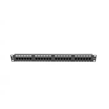 Patch panel 1U LANBERG PPU5-1024-B — 24 prievadų CAT5e, metalinis, juodas, 445×32.5×44.5 mm