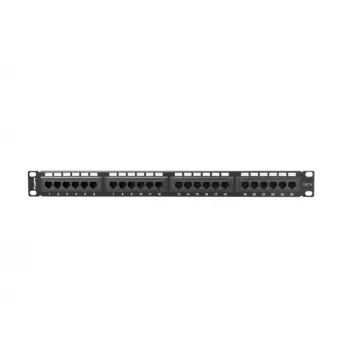 Patch panel 1U LANBERG PPU5-1024-B — 24 prievadų CAT5e, metalinis, juodas, 445×32.5×44.5 mm