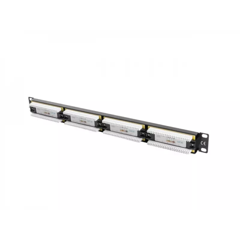 Patch panel 1U LANBERG PPU5-1024-B — 24 prievadų CAT5e, metalinis, juodas, 445×32.5×44.5 mm