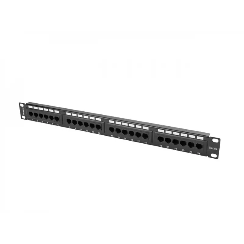 Patch panel 1U LANBERG PPU5-1024-B — 24 prievadų CAT5e, metalinis, juodas, 445×32.5×44.5 mm