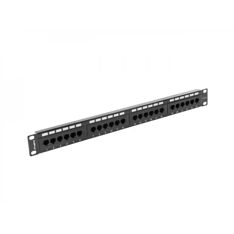 Patch panel 1U LANBERG PPU5-1024-B — 24 prievadų CAT5e, metalinis, juodas, 445×32.5×44.5 mm