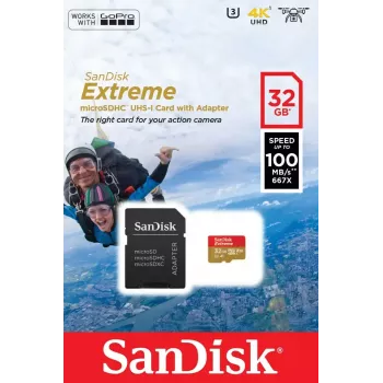 WESTERN DIGITAL SanDisk Extreme micro SDXC 32GB (A1/ V30/ U3/ UHS-I/ Cl.10/ R100/ W60) su SD adapteriu