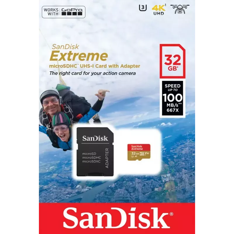 WESTERN DIGITAL SanDisk Extreme micro SDXC 32GB (A1/ V30/ U3/ UHS-I/ Cl.10/ R100/ W60) su SD adapteriu