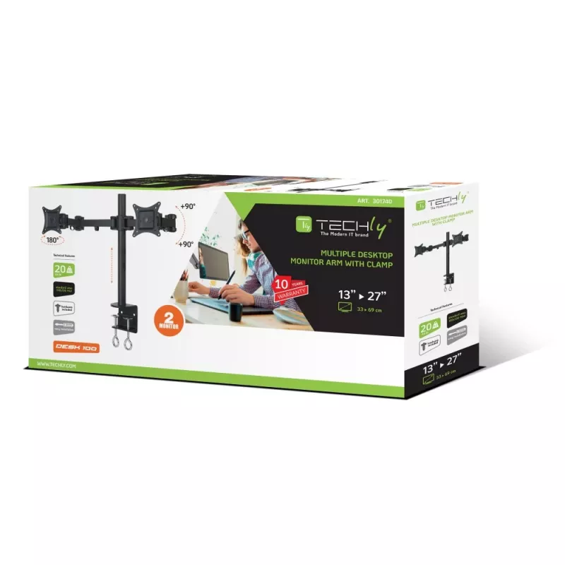 Techly ICA-LCD 482-D stovas dviems monitoriams su spaustuku, 13-27 colių, 20 kg