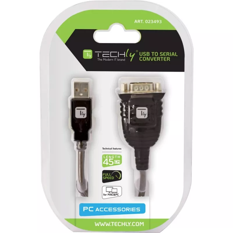 USB į RS232 adapteris Techly IDATA USB-SER-2T, USB-A (vyr.) į DB-9 (vyr.), 0,45 m, permatomai baltas