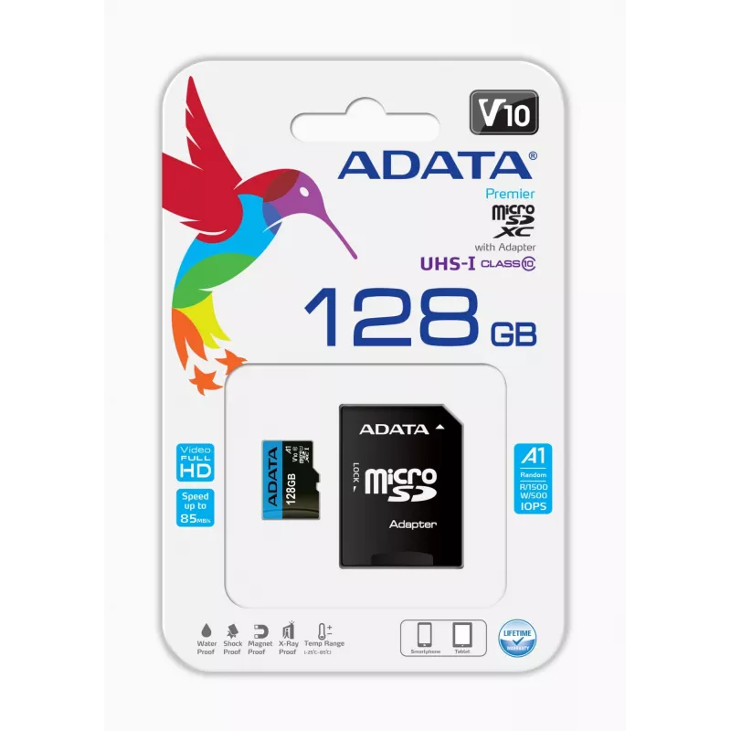 „ADATA“ microSDXC 128 GB UHS-I Class 10 atminties kortelė – 85 MB/s skaitymas, 25 MB/s rašymas, vandeniui atspari, su SD adapteriu