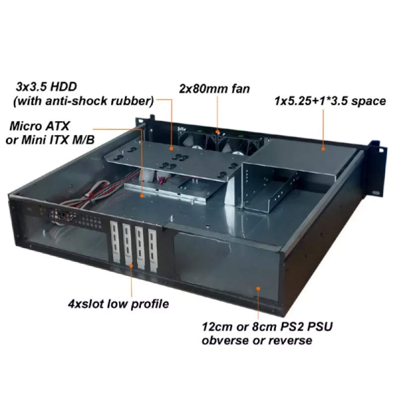 Serverio korpusas TECHLY I-CASE IPC-240L, 2U, micro ATX, 4x 3,5 colių lizdai, 1x 5,25 colio lizdas, 465x400x88,8 mm, juodas