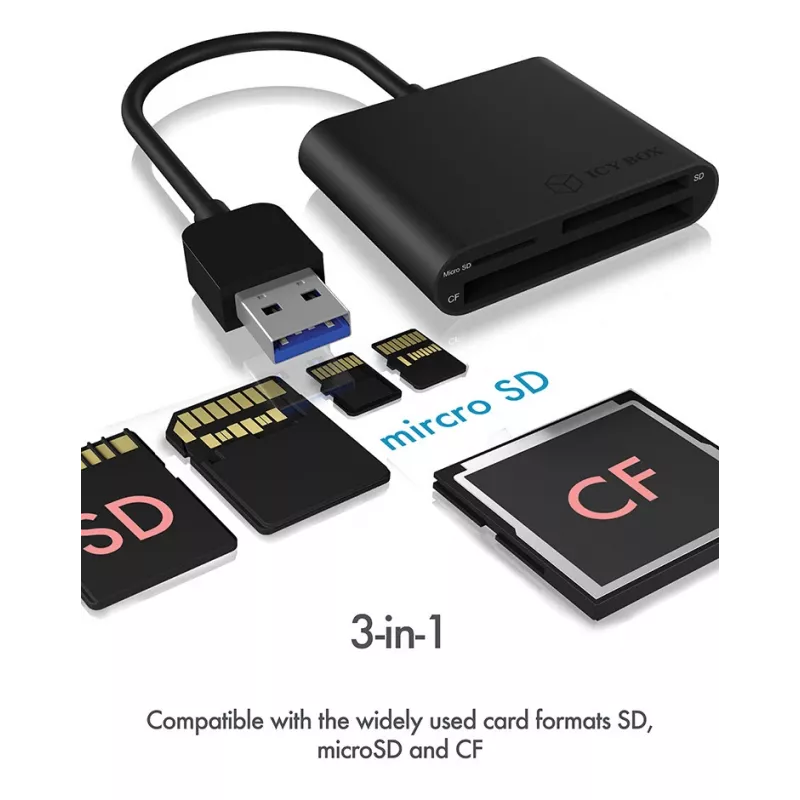 ICY BOX IB-CR301-U3 kortelių skaitytuvas USB 3.2 Gen 1 (3.1 Gen 1) Juodas