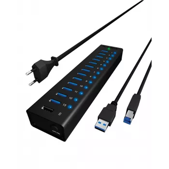 ICY BOX IB-AC6113 USB 3.2 Gen 1 (3.1 Gen 1) Type-B 13 prievadų USB mazgas 5000 Mbit/s Juodas