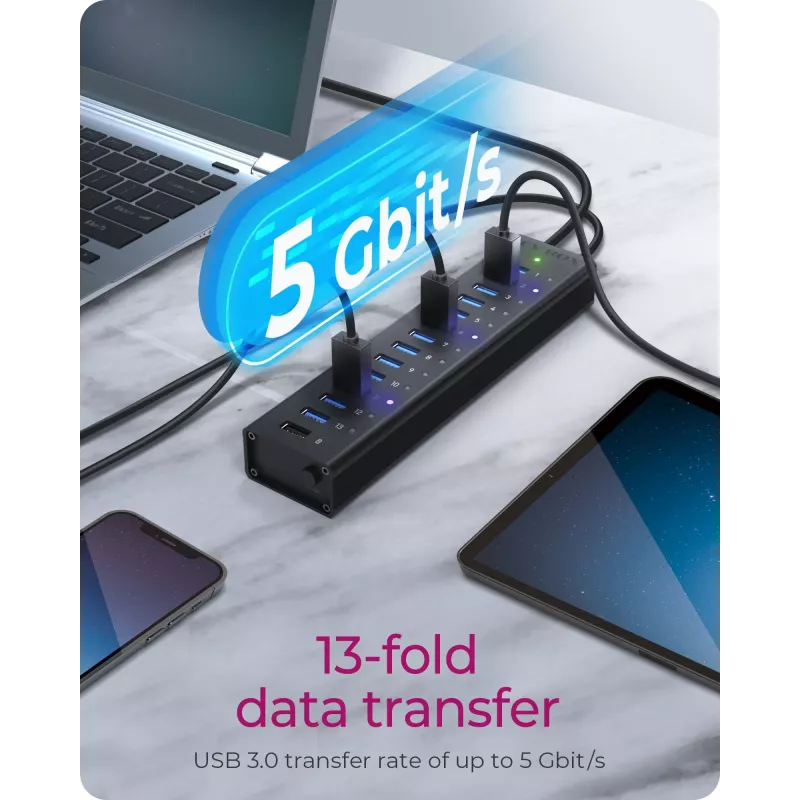 ICY BOX IB-AC6113 USB 3.2 Gen 1 (3.1 Gen 1) Type-B 13 prievadų USB mazgas 5000 Mbit/s Juodas