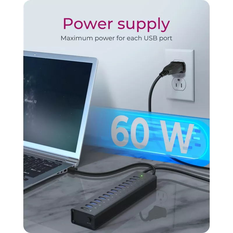 ICY BOX IB-AC6113 USB 3.2 Gen 1 (3.1 Gen 1) Type-B 13 prievadų USB mazgas 5000 Mbit/s Juodas
