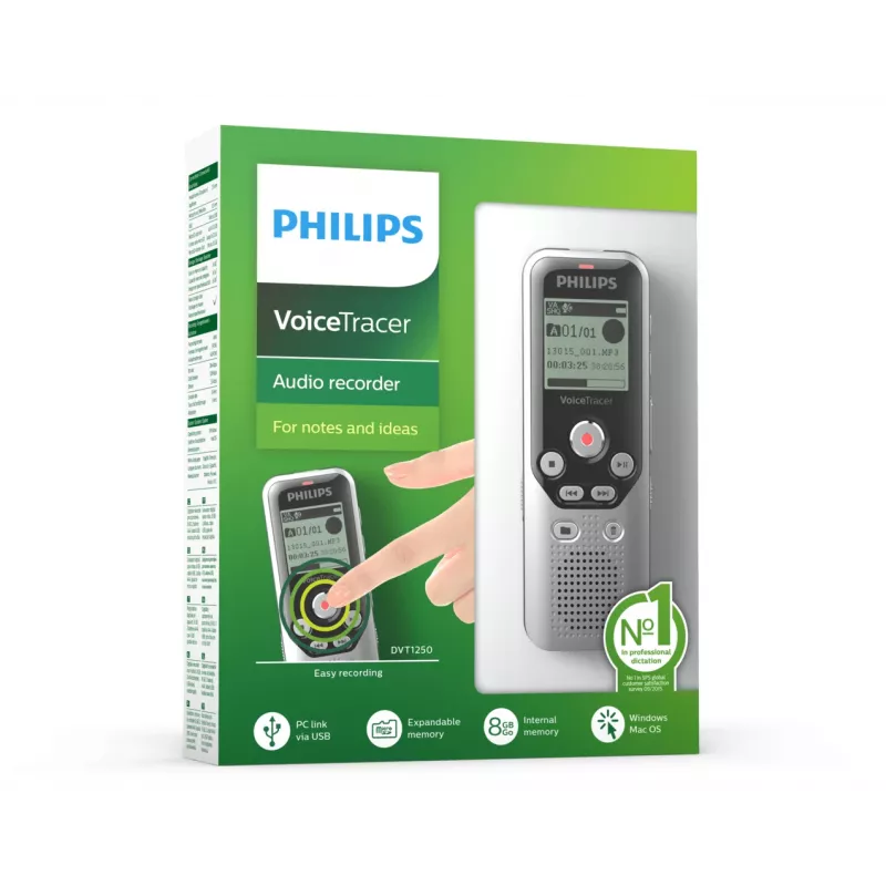 Philips DVT1250 diktofonas su vidine atmintimi ir atminties kortele, juodas, pilkas
