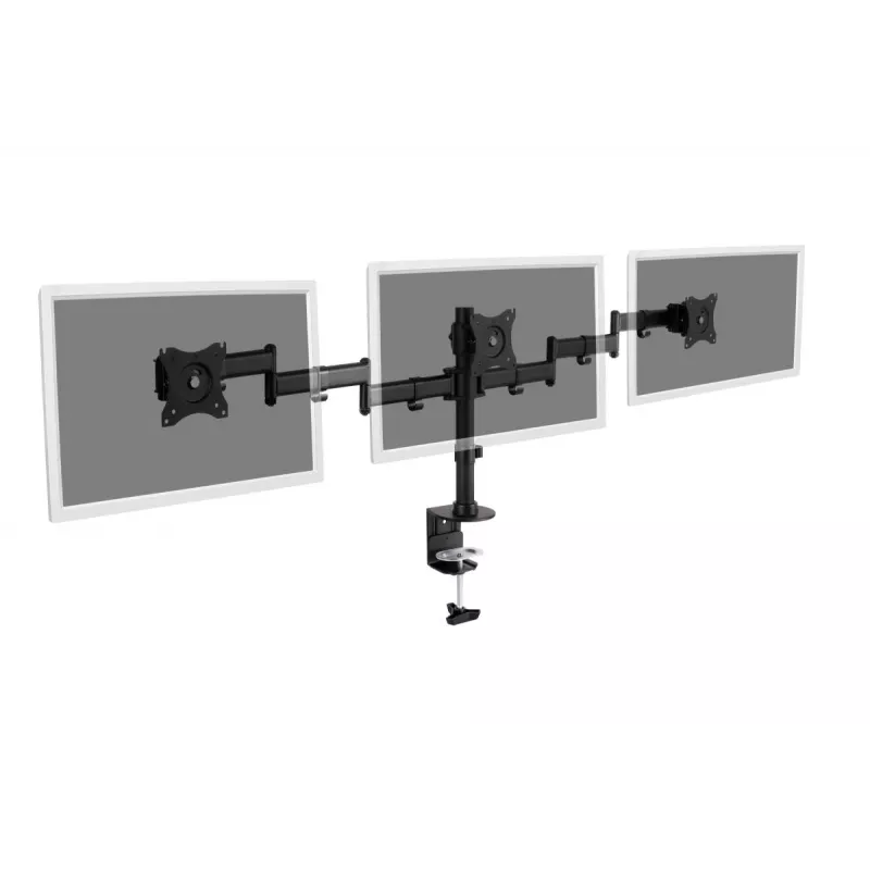 DIGITUS Triple Monitor laikiklis su spaustuku, juodas, 90° sukimas, 45° pakreipimas, 360° rotacija, 15-27 col. TFT, max. apkrova 3x8 kg, VESA max 100x100