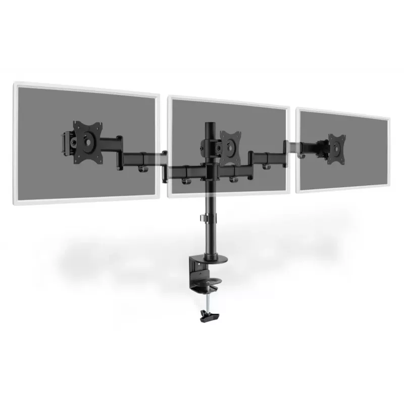 DIGITUS Triple Monitor laikiklis su spaustuku, juodas, 90° sukimas, 45° pakreipimas, 360° rotacija, 15-27 col. TFT, max. apkrova 3x8 kg, VESA max 100x100
