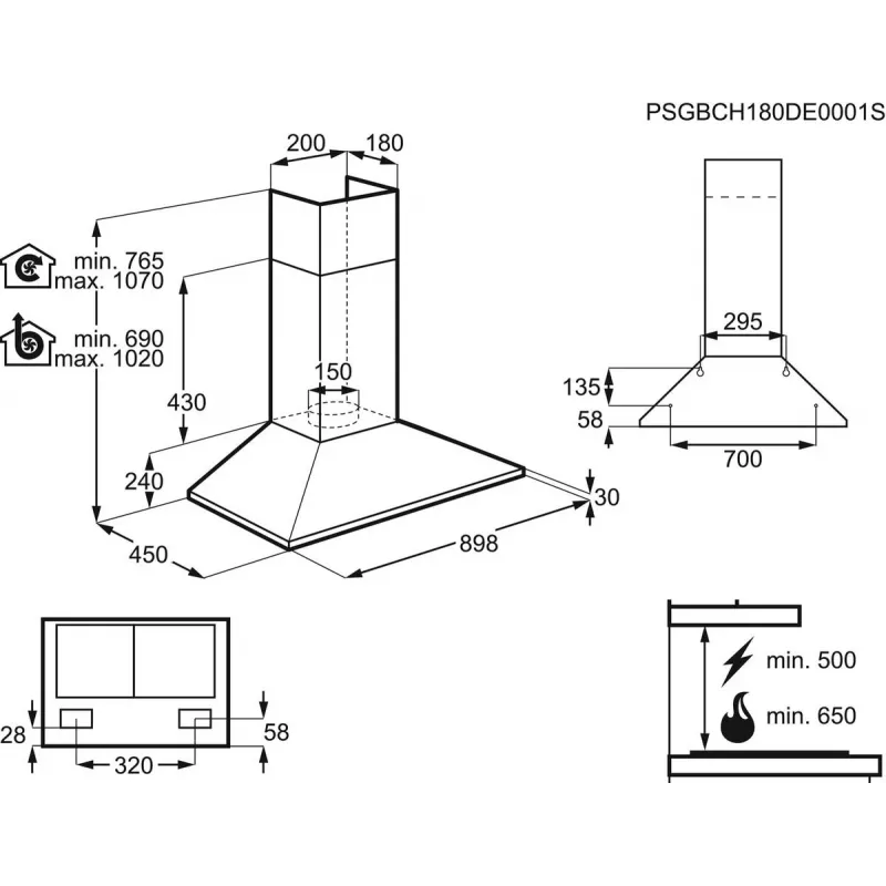 Sieninis gartraukis Electrolux LFC319X, nerūdijantis plienas, 898×(69–102)×450 mm, 420 m³/h, 3 greičiai, metaliniai filtrai