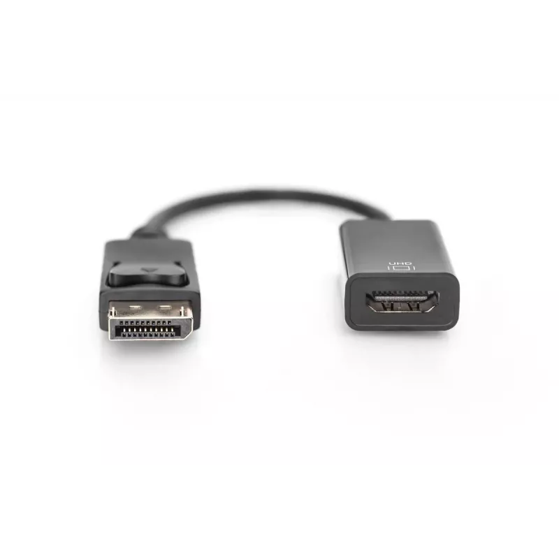 DIGITUS ASSMANN DisplayPort-HDMI adapterio laidas, DP - HDMI A tipo M/F, 20cm su fiksatoriumi, HDMI 2.0, aktyvus, CE, auksuotas, juodas