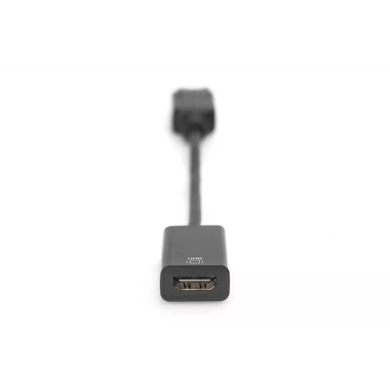 DIGITUS ASSMANN DisplayPort-HDMI adapterio laidas, DP - HDMI A tipo M/F, 20cm su fiksatoriumi, HDMI 2.0, aktyvus, CE, auksuotas, juodas