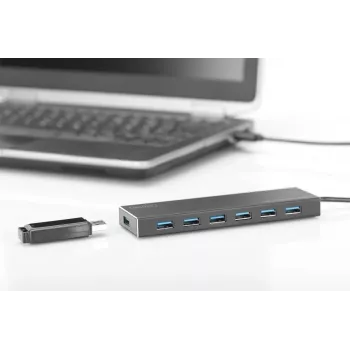 DIGITUS USB 3.0 HUB 7 prievadų su maitinimo bloku 5V/3,5A, aliumininis korpusas DA-70241-1