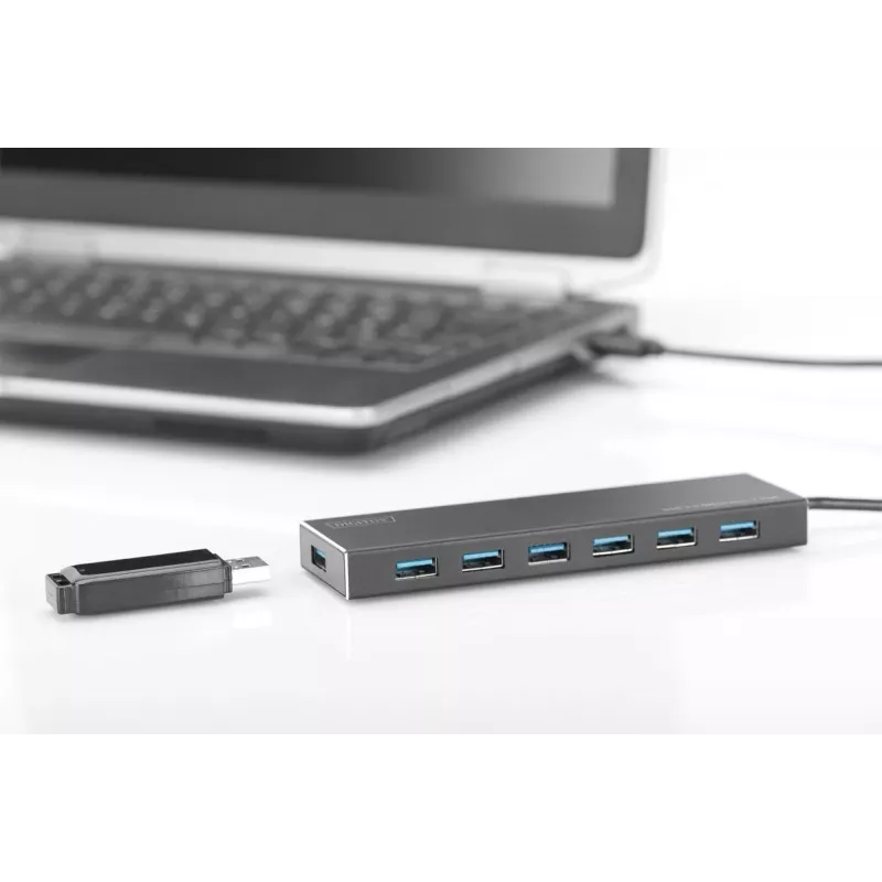 DIGITUS USB 3.0 HUB 7 prievadų su maitinimo bloku 5V/3,5A, aliumininis korpusas DA-70241-1