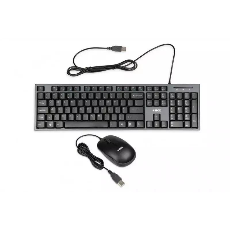 Laidinė klaviatūros ir pelės rinkinys IBOX IKMS606 – pilno dydžio QWERTY UK anglų klaviatūra, USB, juoda, pelė 800 DPI