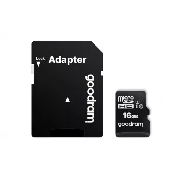 MicroSDHC atminties kortelė GOODRAM 16 GB Class 10 UHS-I (U1), skaitymas 100 MB/s, rašymas 10 MB/s, atspari magnetiniams laukams, su SD adapteriu