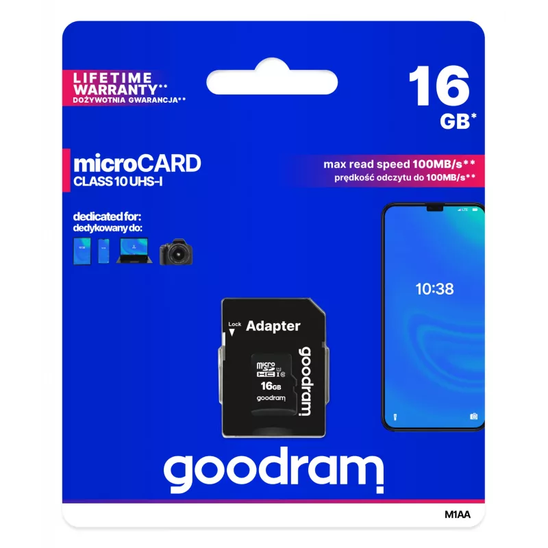 MicroSDHC atminties kortelė GOODRAM 16 GB Class 10 UHS-I (U1), skaitymas 100 MB/s, rašymas 10 MB/s, atspari magnetiniams laukams, su SD adapteriu