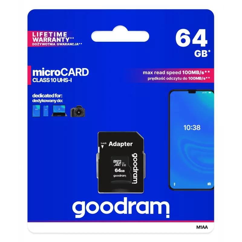 „Goodram“ 64GB „MicroSDXC“ atminties kortelė, UHS-I, 10 klasė (U1), skaitymas 100 MB/s, rašymas 10 MB/s, su SD adapteriu, juoda
