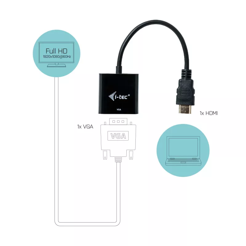 i-tec HDMI į VGA kabelio adapteris, 0,15 m, HDMI, VGA, Vyriškas, Moteriškas, 1920 x 1080 pikselių