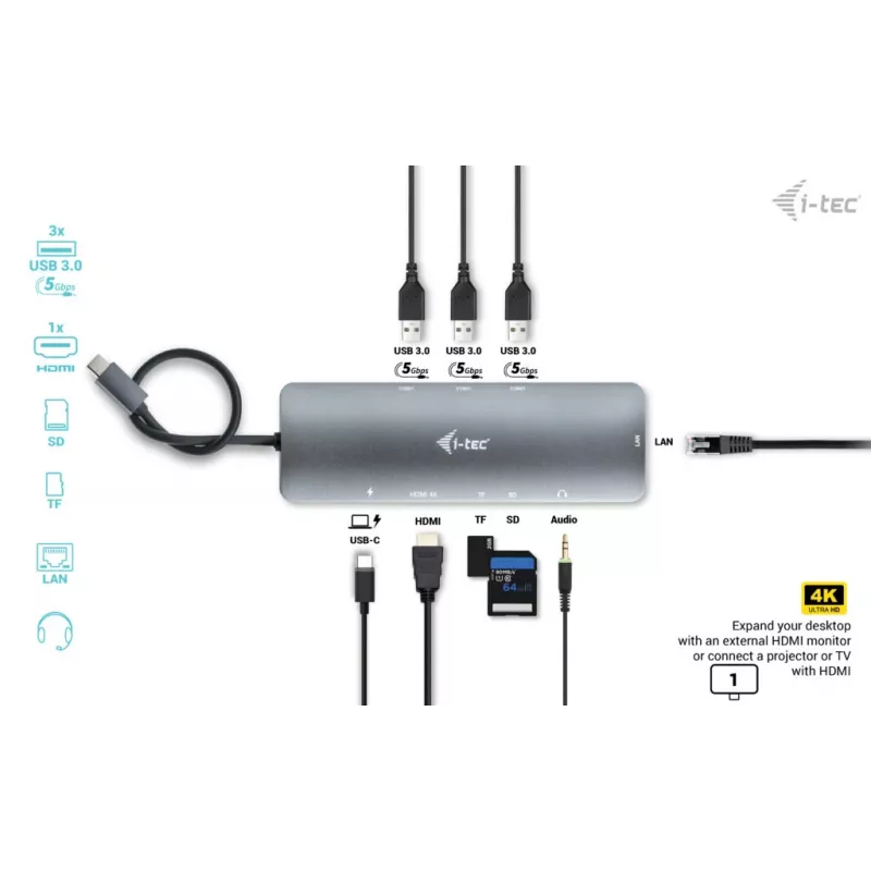 Dokavimo stotelė i-tec Metal USB-C Nano 4K HDMI LAN Power Delivery 100 W