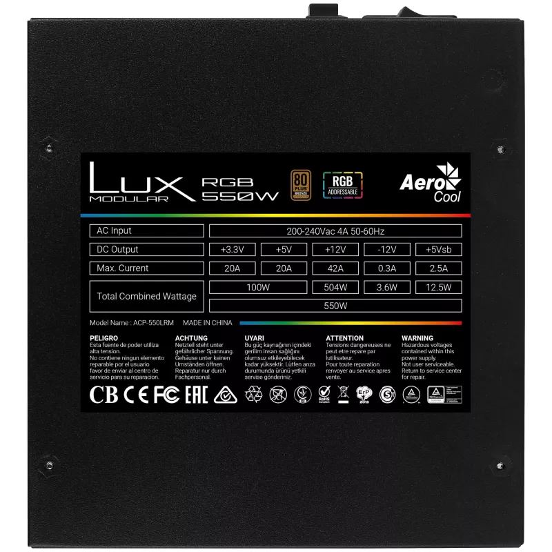Aerocool LUXRGB550M 550W 80Plus Bronze 230V modulinis maitinimo šaltinis, juodas