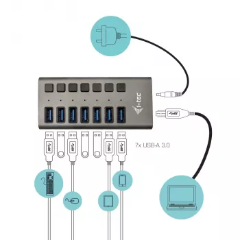 i-tec USB 3.0 įkrovimo stotelė 7 prievadai su 36 W maitinimo adapteriu