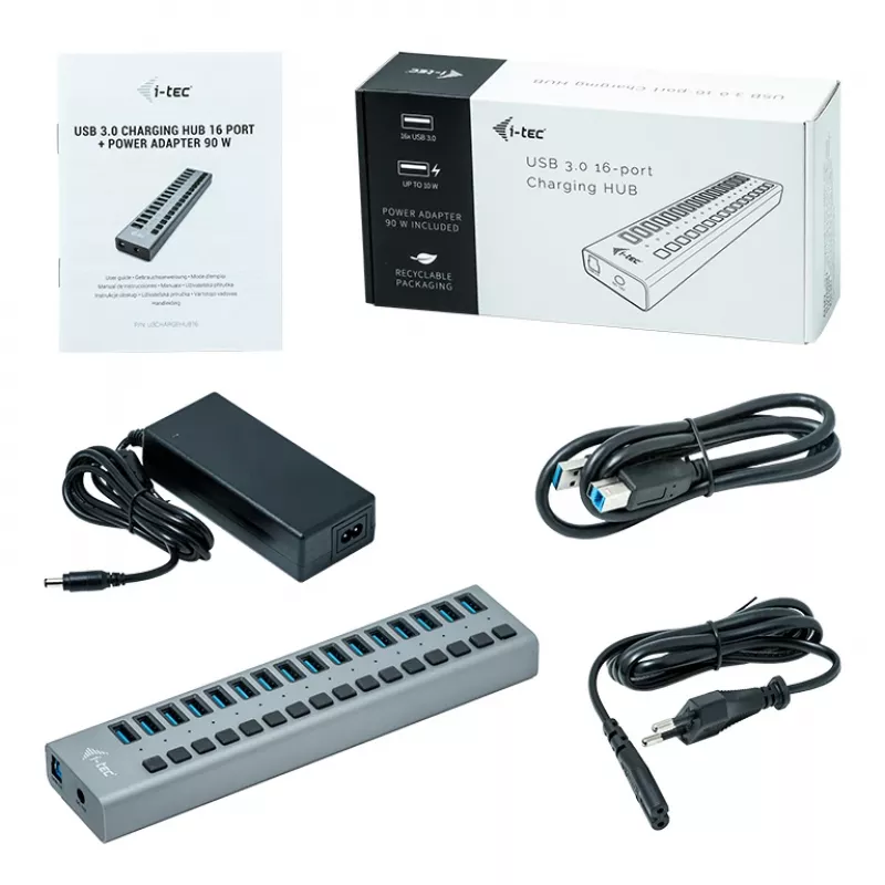 i-tec USB 3.0 įkrovimo stotelė 16 prievadų + 90 W maitinimo adapteris