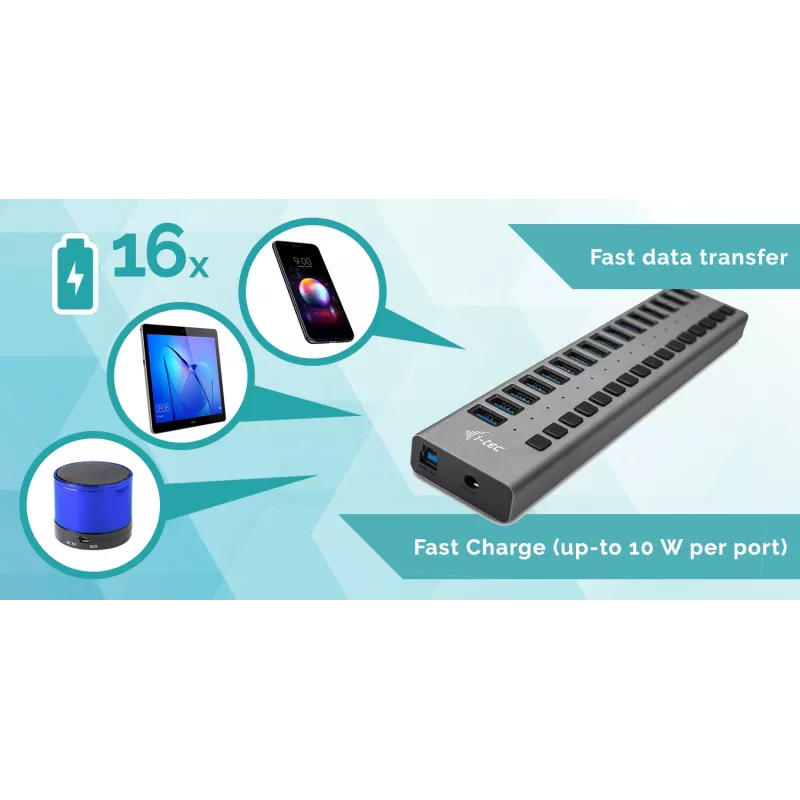 i-tec USB 3.0 įkrovimo stotelė 16 prievadų + 90 W maitinimo adapteris