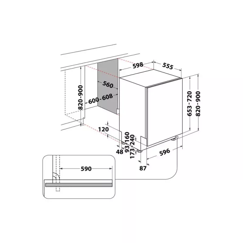Pusiau įmontuojama indaplovė WHIRLPOOL WIC 3C26 F — 60 cm, 14 komplektų, 46 dB, energijos klasė E