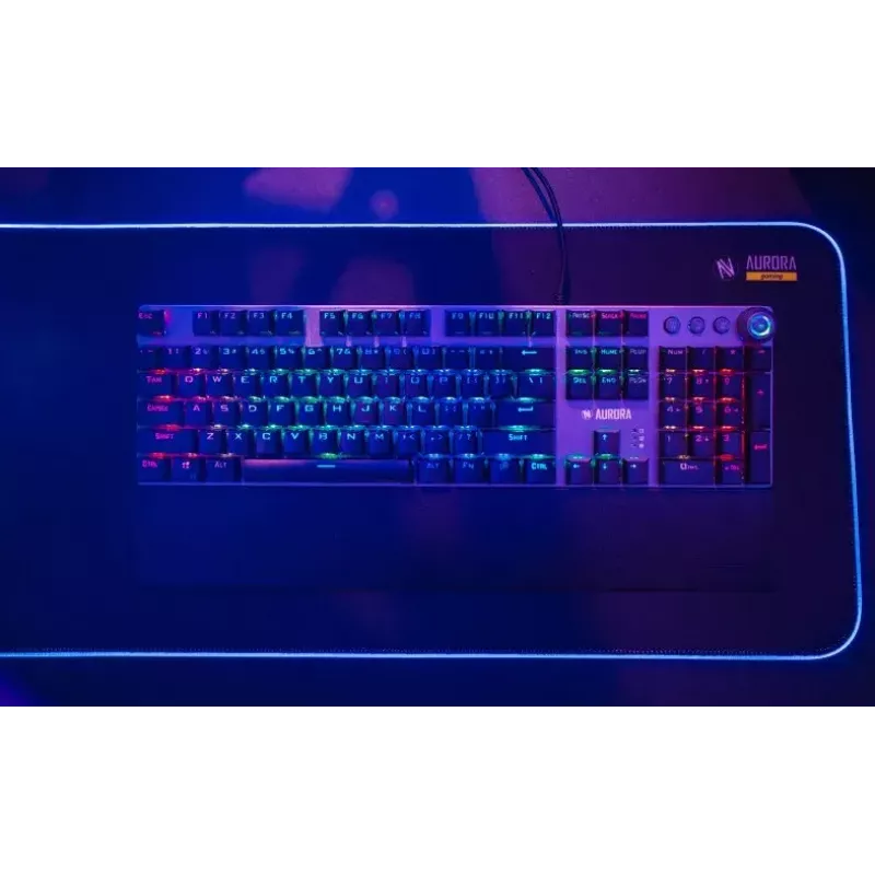 Laidinė mechaninė žaidimų klaviatūra IBOX AURORA K-4 — QWERTY, 108 klavišų, LED reguliuojamas apšvietimas, atspari vandeniui, USB, 1,6 m laidas