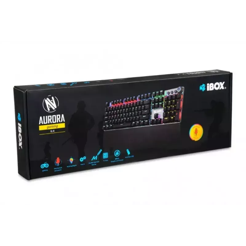 Laidinė mechaninė žaidimų klaviatūra IBOX AURORA K-4 — QWERTY, 108 klavišų, LED reguliuojamas apšvietimas, atspari vandeniui, USB, 1,6 m laidas