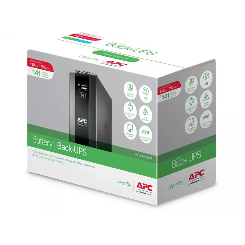APC Back-UPS Pro, 1300VA/780W, bokštinis, 230V, 8x IEC C13 lizdai, AVR, LCD, keičiama baterija