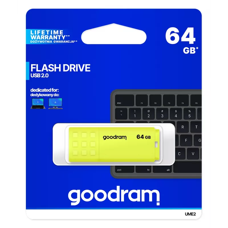 USB atmintukas GOODRAM UME2 64 GB USB Type-A 2.0, geltonas, be dangtelio, plastikinis
