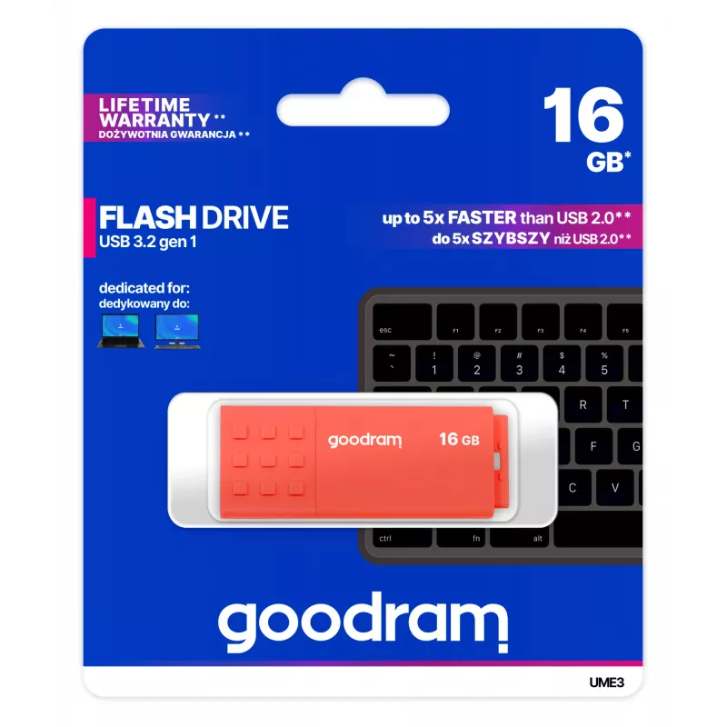 USB atmintukas GOODRAM UME3 16 GB USB Type-A 3.2 Gen 1 (oranžinis), 60/20 MB/s, plastikinis korpusas be dangtelio tvirtinimo
