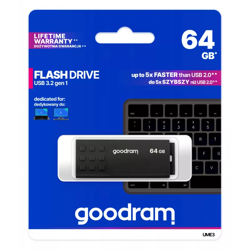 USB atmintukas GOODRAM UME3 64 GB USB Type-A 3.2 Gen 1, skaitymas 60 MB/s, rašymas 20 MB/s, juodas