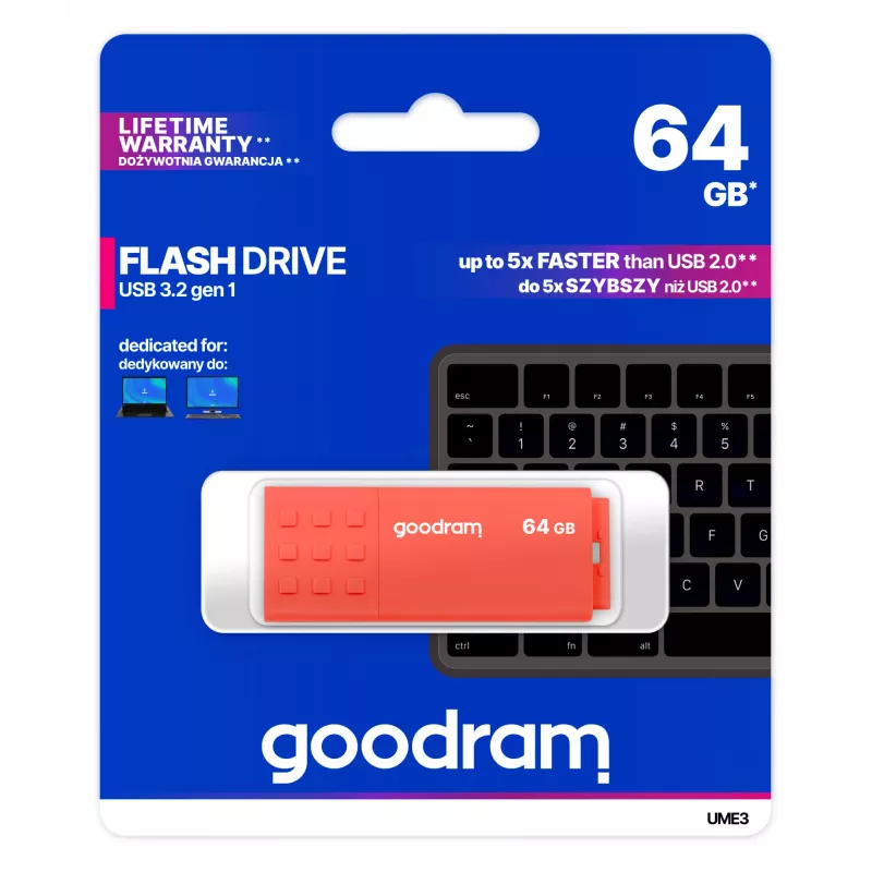 USB atmintinė GOODRAM UME3 64GB USB Type-A 3.2 Gen 1, oranžinė, 60MB/s skaitymas, 20MB/s rašymas