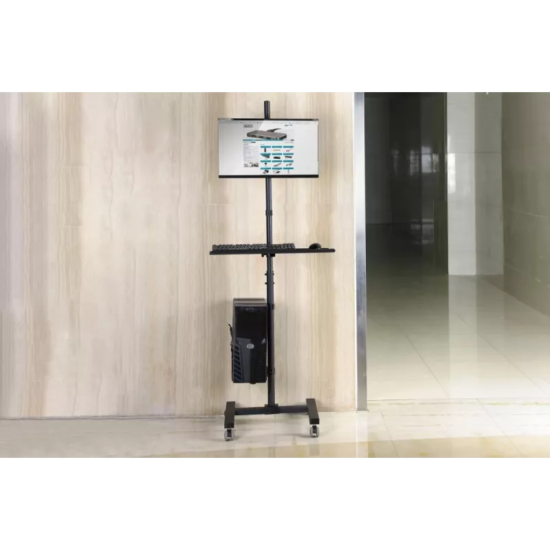 DIGITUS DA-90374 mobilioji darbo stotelė (monitoriaus laikiklis, kompiuterio laikiklis) max. 8 kg apkrova, iki 32 col. ekranui – juoda