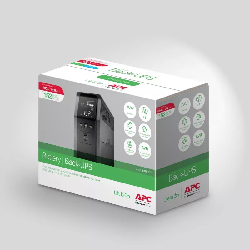 APC Back-UPS Pro 1600VA/960W bokštinis UPS, 230V, 8x IEC C13 lizdai, sinusinė banga, AVR, USB A+C, LCD, keičiama baterija