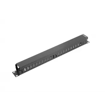 Kabelių tvarkymo skydelė LANBERG AK-1201-B — 1U metalinis, 19 colių (48,3 cm), gylis 67,5 mm, juoda