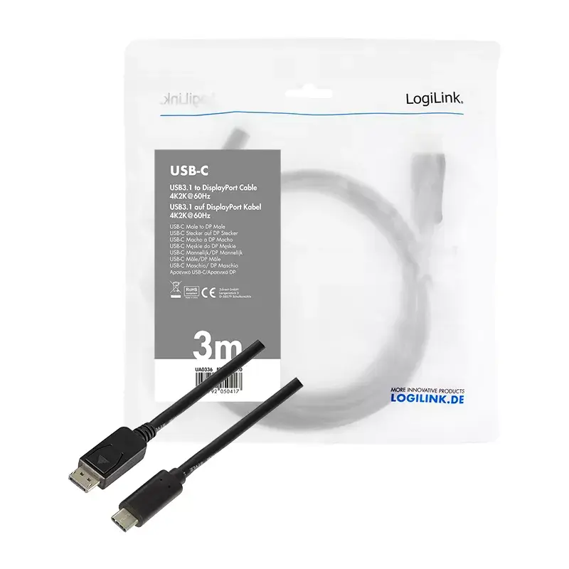 Vaizdo kabelio adapteris LogiLink UA0336 3 m USB Type-C DisplayPort juodas